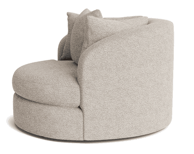 A contemporary upholstered swivel barrel chair in a light beige textured fabric, featuring a rounded, compact form with a low, curved back and integrated arms. The chair is designed for comfort and includes three matching throw pillows. — 3D model