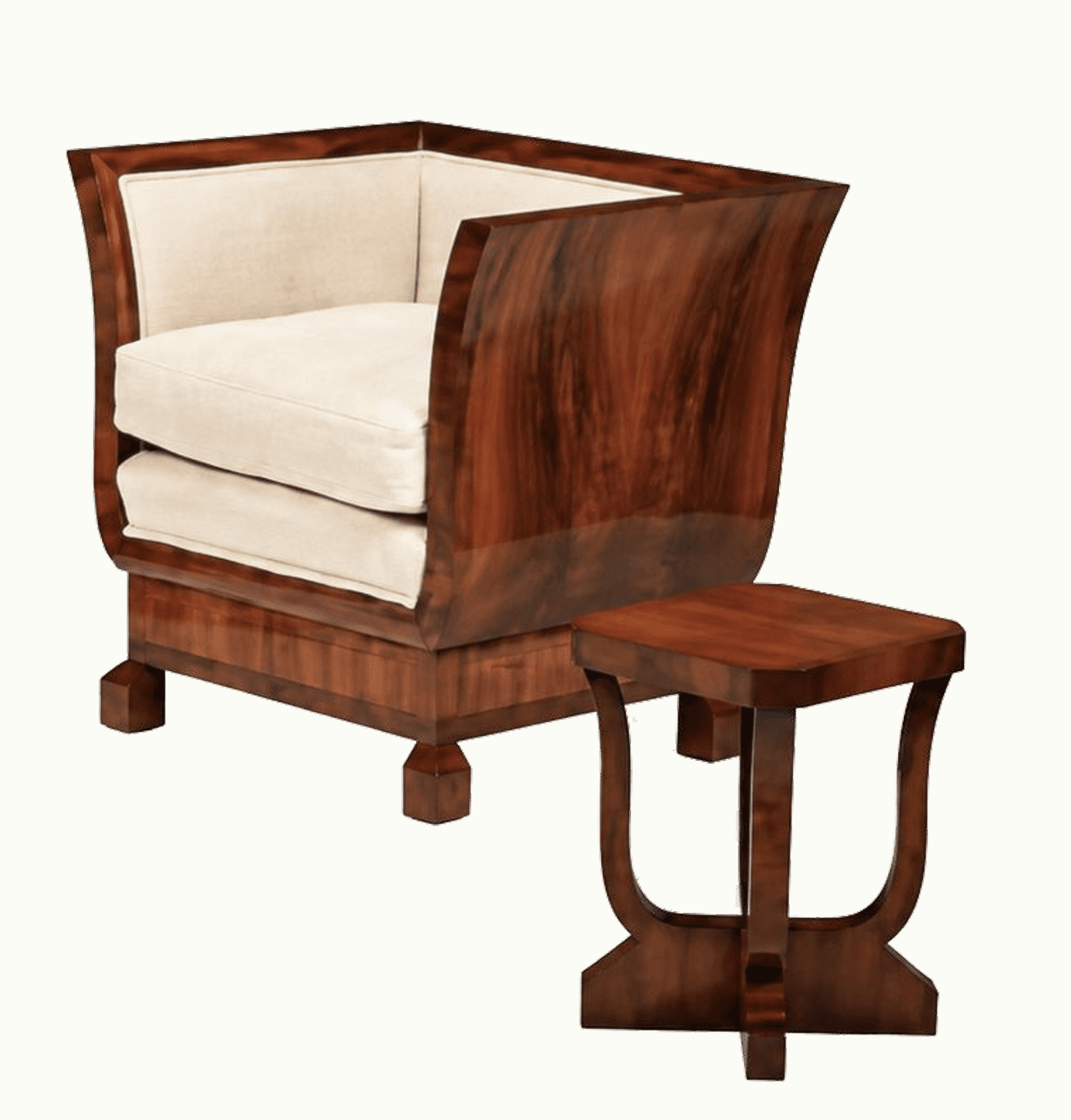 A Biedermeier style armchair featuring a substantial, polished dark wood frame with gracefully curved arms and upholstered seat and back cushions in a light, neutral fabric. The base is a solid plinth-like structure supported by block feet. — 3D model
