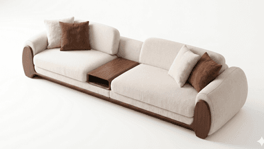 A contemporary upholstered armchair, featuring thick, rounded cushioning in a textured, off-white fabric. The chair incorporates dark wooden side panels that run vertically along its exterior. A loose, rectangular brown accent pillow rests against the back cushion, adding a touch of contrast. The design emphasizes comfort and a minimalist aesthetic. — 3D model