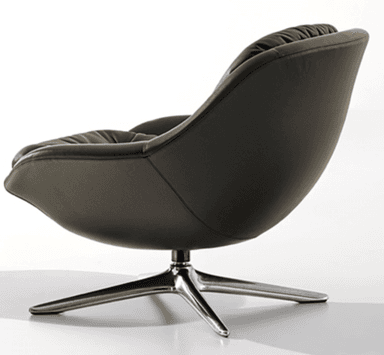 A modern lounge chair with a swivel base. The chair features a distinctive curved shell design upholstered in dark leather. The base is a polished metal four-star pedestal. — 3D model