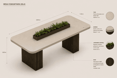 A modern rectangular conference table featuring a light beige top with rounded corners, supported by two dark brown fluted pedestal bases. A rectangular black planter with green foliage is seamlessly integrated into the center of the tabletop. — 3D model