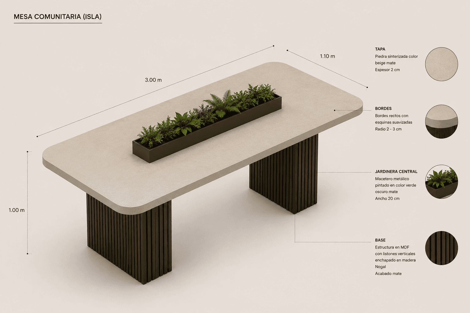 A modern rectangular conference table featuring a light beige top with rounded corners, supported by two dark brown fluted pedestal bases. A rectangular black planter with green foliage is seamlessly integrated into the center of the tabletop. — 3D model