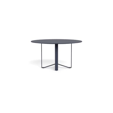 A modern round dining table with a dark grey finish and a distinctive pedestal base with radiating metal legs. — 3D model