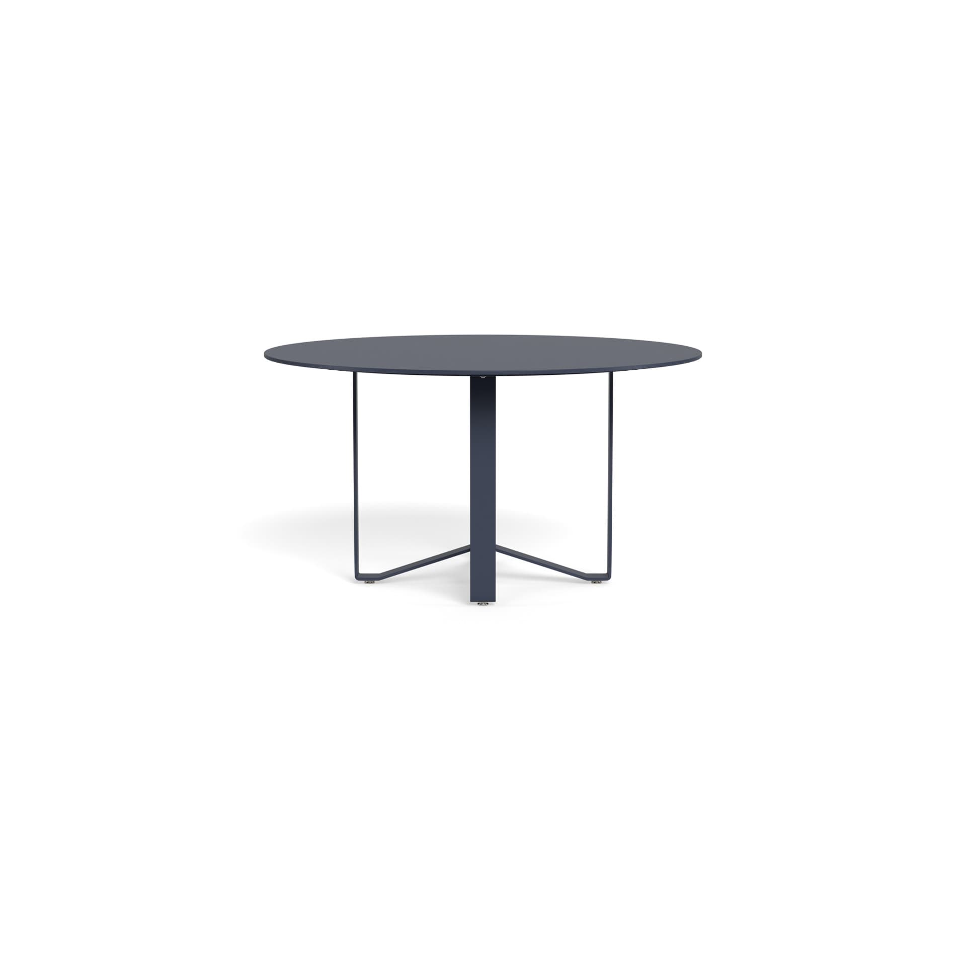 A modern round dining table with a dark grey finish and a distinctive pedestal base with radiating metal legs. — 3D model
