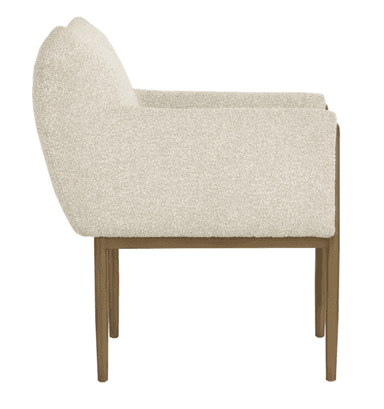An upholstered armchair featuring a light-colored, textured fabric and a slender, gold-toned metal frame with straight legs. — 3D model