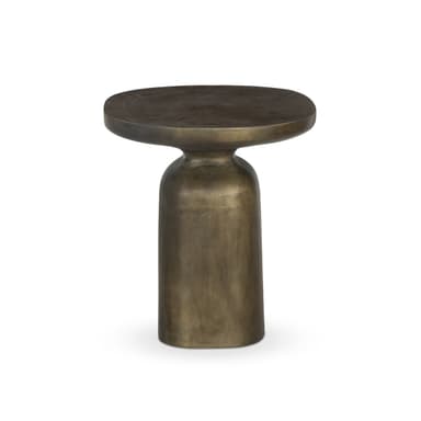 A small, cylindrical end table with a rounded, oval-shaped top. The base is a solid, hollow cylinder with rounded edges at the top and bottom, supporting a pedestal-like structure that connects to the tabletop. The overall form is sculptural and minimalist. — 3D model