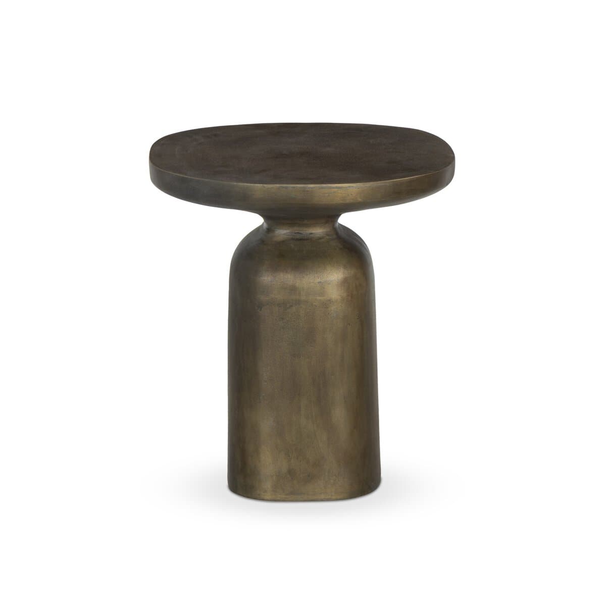 A small, cylindrical end table with a rounded, oval-shaped top. The base is a solid, hollow cylinder with rounded edges at the top and bottom, supporting a pedestal-like structure that connects to the tabletop. The overall form is sculptural and minimalist. — 3D model