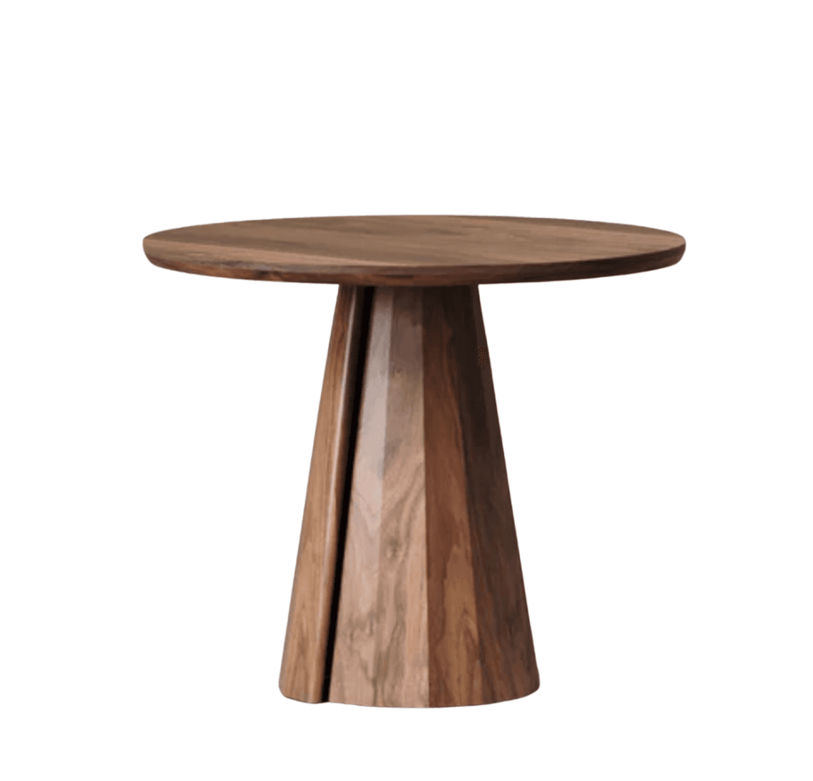 A round-top side table with a sculpted, faceted pedestal base. The table exhibits a natural wood grain and a rich brown hue. — 3D model