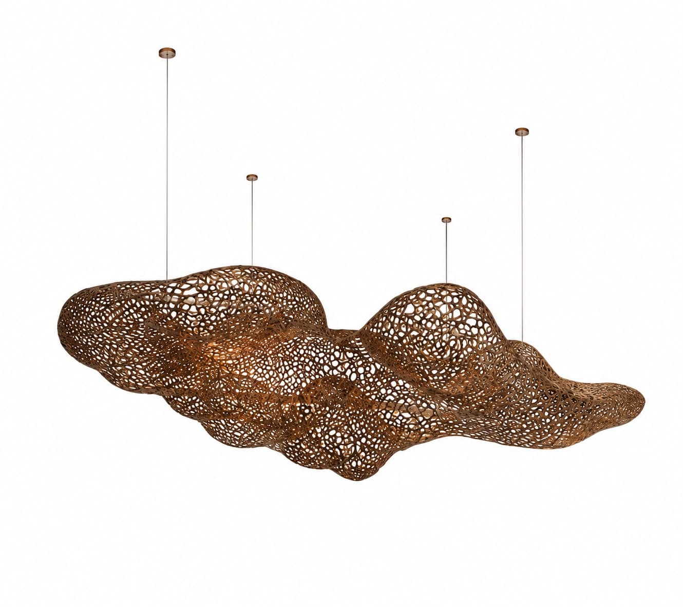 A large, organic-shaped light fixture or chandelier, possibly made from perforated metal or a similar composite material, featuring a complex, intricate, open-work pattern. It is suspended from the ceiling by multiple thin cables. The color is a warm, coppery or bronze tone. — 3D model
