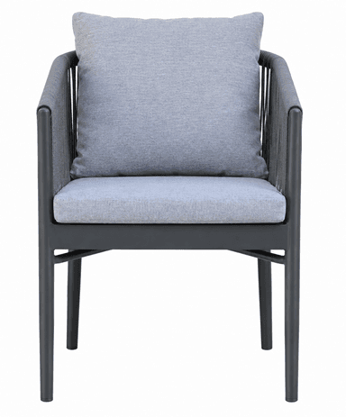 A contemporary outdoor lounge chair featuring a dark grey powder-coated metal frame and a tightly woven synthetic grey rope forming the backrest and armrests. It includes a light grey fabric seat cushion and a matching back cushion for comfort. The chair's design emphasizes durability and modern aesthetics suitable for exterior environments. — 3D model