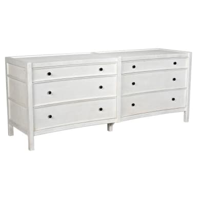 A low, horizontal dresser with two columns of drawers. The left column has three drawers, and the right column also has three drawers. All drawers have simple, dark, circular knobs. The dresser has a slightly curved apron at the bottom. — 3D model