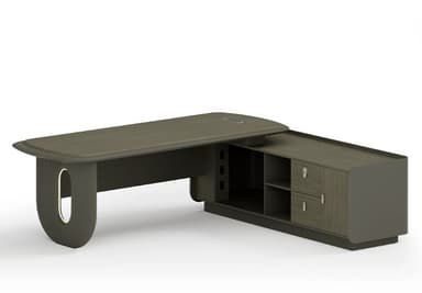 A modern executive desk with a sleek, elongated elliptical tabletop. The desk features a substantial base with integrated storage elements. One side has a rounded, metallic accent, while the other incorporates fluted detailing and an oval illuminated accent. The surface appears to be a wood-grain laminate, complemented by matte grey and metallic finishes. — 3D model