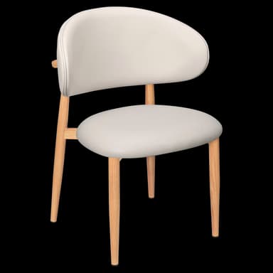 A contemporary dining chair with a light wood frame and upholstered seat and curved backrest in a light, off-white color. — 3D model