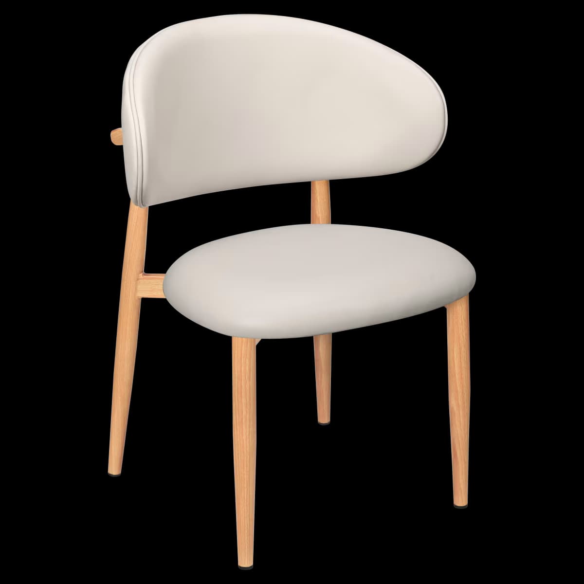 A contemporary dining chair with a light wood frame and upholstered seat and curved backrest in a light, off-white color. — 3D model