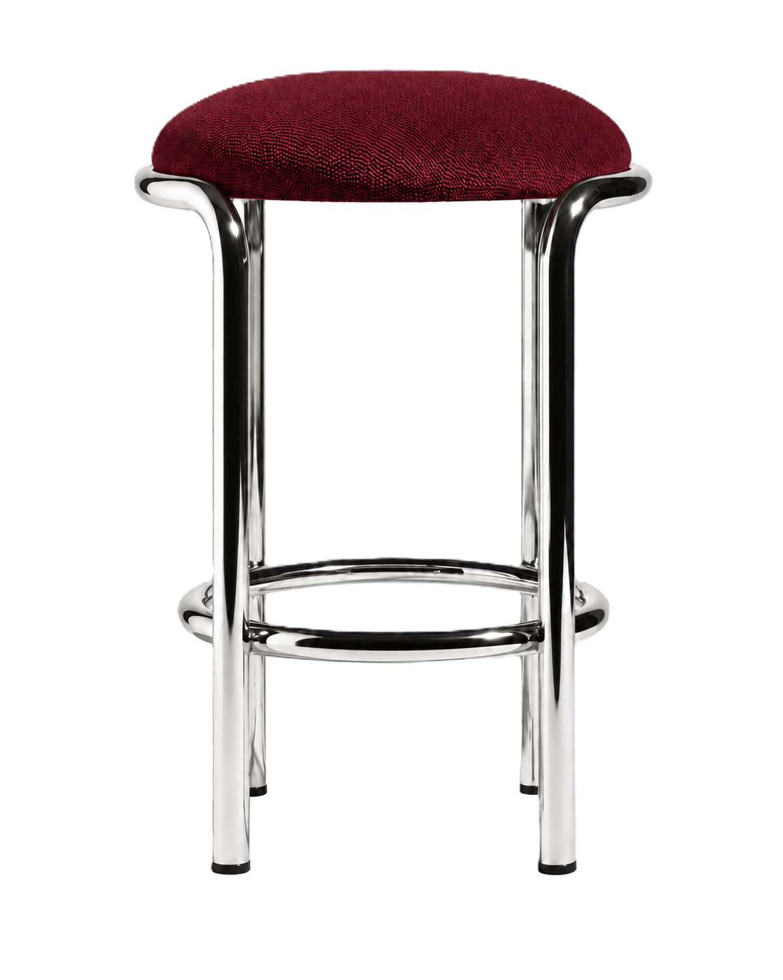 A modern bar stool featuring a round, upholstered seat in a rich red fabric, supported by a polished chrome tubular metal frame. The frame includes a circular footrest for comfort and stability. — 3D model