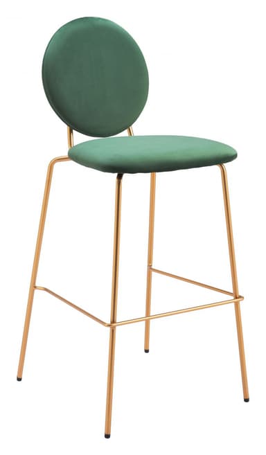 A modern bar stool with a velvet upholstered seat and backrest. The seat is circular and padded, while the backrest is a larger, vertically oriented circle. It is supported by four slender, angled legs made of metal, which are connected by a horizontal footrest. — 3D model