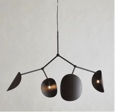 A modern, multi-arm chandelier featuring a matte black finish and abstract, organic-shaped shades, suspended from a single ceiling drop. The design evokes a mobile sculpture, with several light sources providing ambient illumination. — 3D model