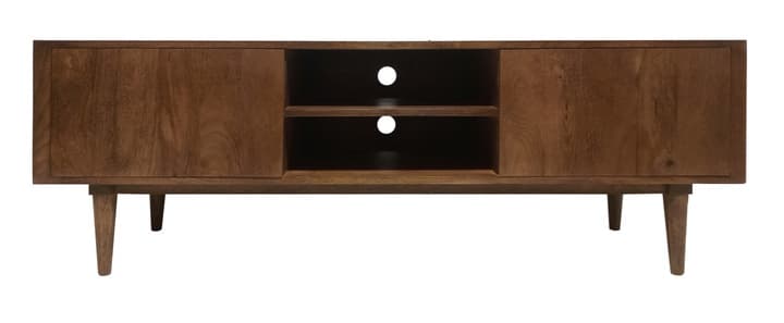 A rectangular, low-profile wooden media console featuring two side cabinets with solid doors and a central open compartment with an adjustable shelf and two circular cutouts for cable management. The console is supported by four angled, tapered legs, characteristic of Mid-Century Modern design. — 3D model