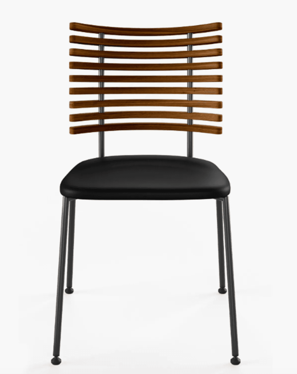 A contemporary dining side chair featuring a backrest composed of horizontal curved wooden slats, an upholstered black seat, and four slender, tapered black metal legs. — 3D model