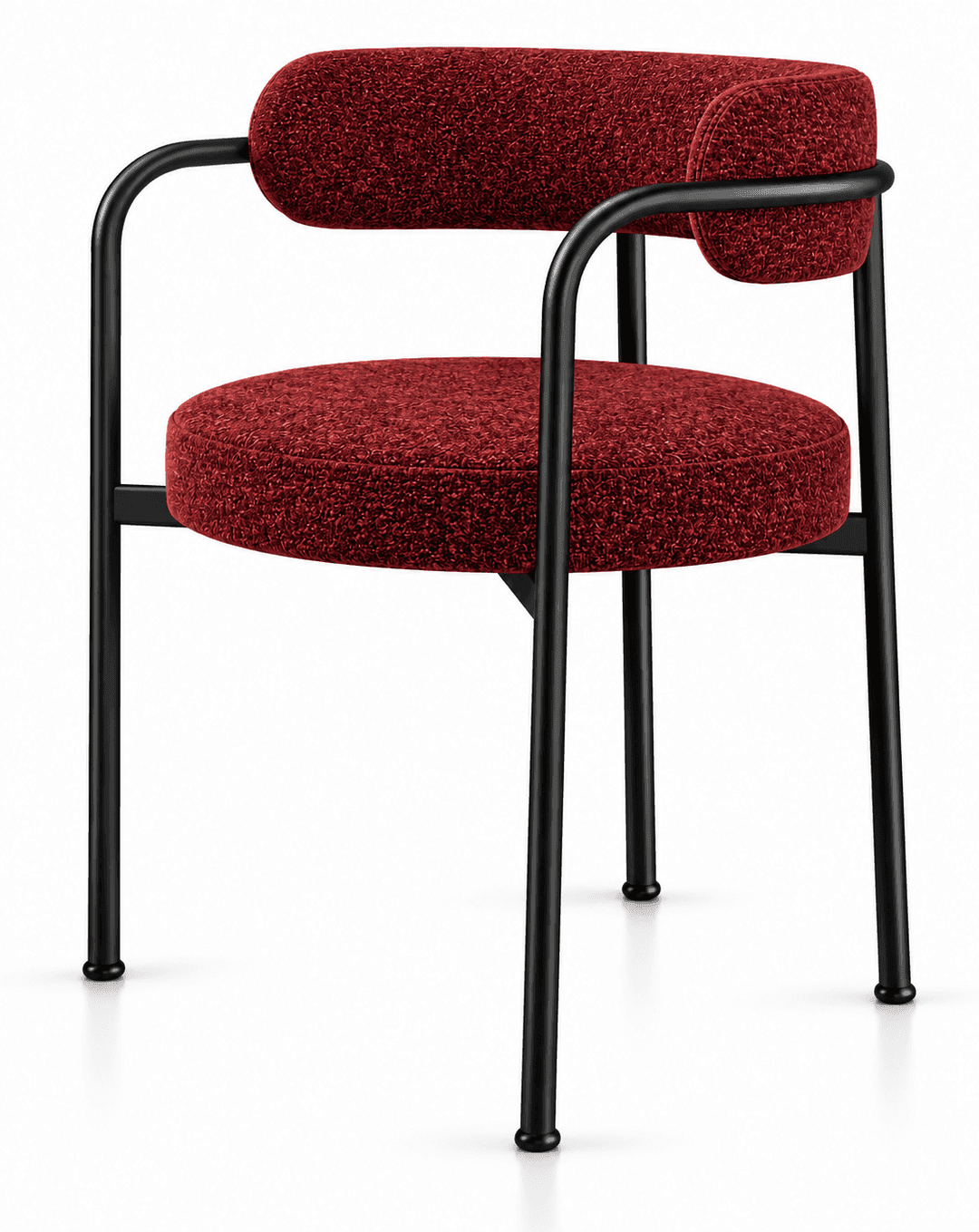 A contemporary armchair featuring a tubular black metal frame and richly textured red bouclé upholstery on its circular seat and cylindrical backrest. The armrests are integrated into the continuous metal frame. — 3D model
