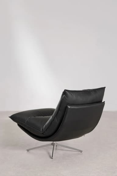 A contemporary black leather lounge chair with a tufted, cushioned seat and back. The chair features a low profile and a curved silhouette that cradles the sitter. It is supported by a sleek, brushed metal four-star base, allowing for swivel functionality. — 3D model