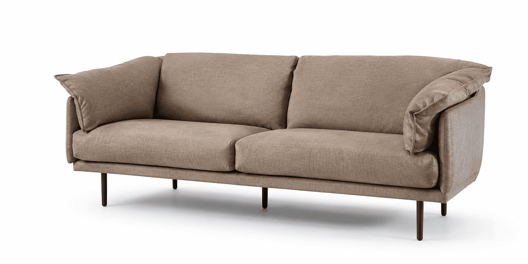 A modern two-seater sofa upholstered in a light beige textured fabric. It features plush, loose back cushions and integrated, softly padded arms that gently curve outwards. The sofa is supported by four slender, angled black metal legs, providing a minimalist and elevated aesthetic. The design emphasizes comfort with its generous cushioning and clean lines. — 3D model