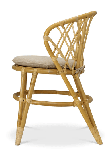 A light-colored bamboo bar stool with a woven backrest and a padded seat. The stool features four legs connected by a circular footrest. The bamboo structure is bound with natural twine at various joints and decorative elements. — 3D model