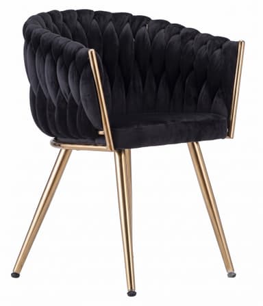 A modern accent chair featuring a barrel-shaped backrest and integrated armrests, upholstered in a distinctive black braided velvet fabric. The chair is supported by a slender frame of polished gold-toned metal, forming four tapered legs. — 3D model