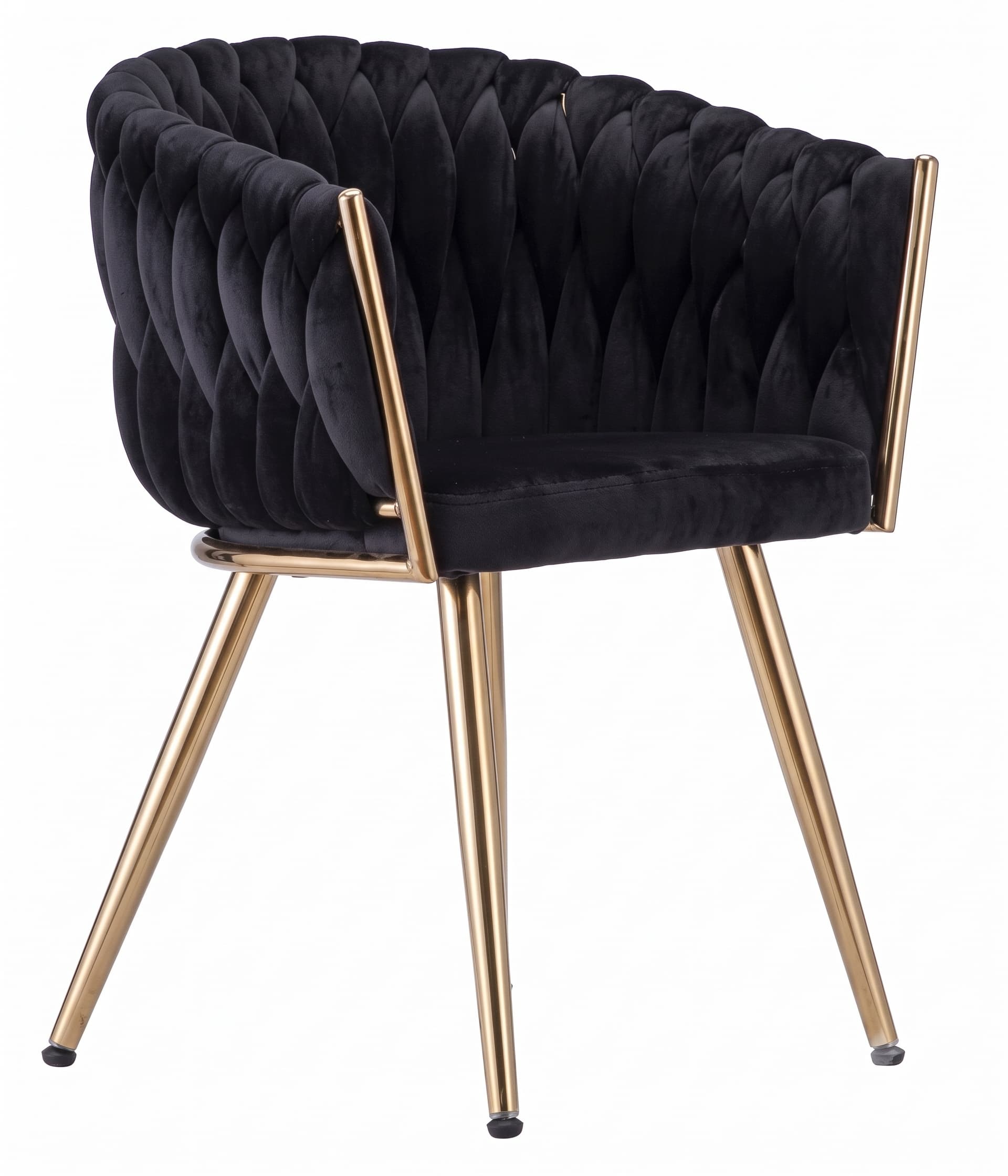 A modern accent chair featuring a barrel-shaped backrest and integrated armrests, upholstered in a distinctive black braided velvet fabric. The chair is supported by a slender frame of polished gold-toned metal, forming four tapered legs. — 3D model