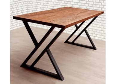 A rectangular table featuring a light to medium brown wood-grain tabletop supported by a distinctive black angular metal base, forming an X-shape on each end. — 3D model