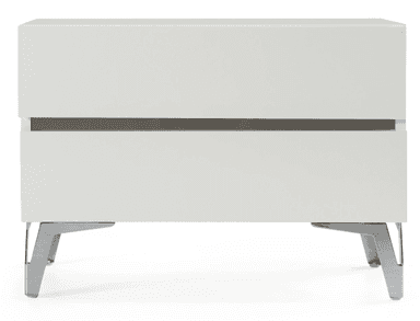 A modern white lacquered nightstand featuring two drawers with integrated recessed handles and supported by splayed polished metal legs. — 3D model