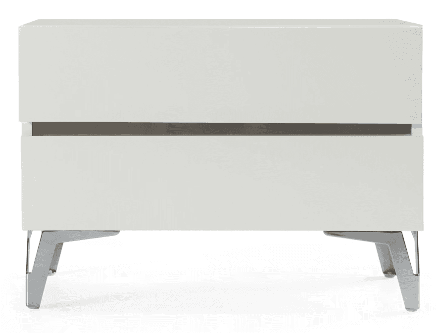 A modern white lacquered nightstand featuring two drawers with integrated recessed handles and supported by splayed polished metal legs. — 3D model