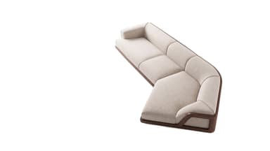 An L-shaped modern sectional sofa featuring a light beige fabric upholstery and a prominent dark stained wooden frame that forms the base and extends into the armrests. — 3D model