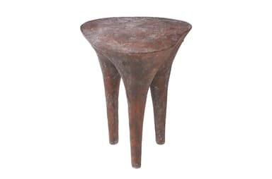 A small, three-legged end table with a textured, organic form. The tabletop is roughly circular and tapers downwards into three bulbous legs that spread outwards. The surface texture appears rough and pitted, suggesting a material like concrete, plaster, or a textured resin. — 3D model