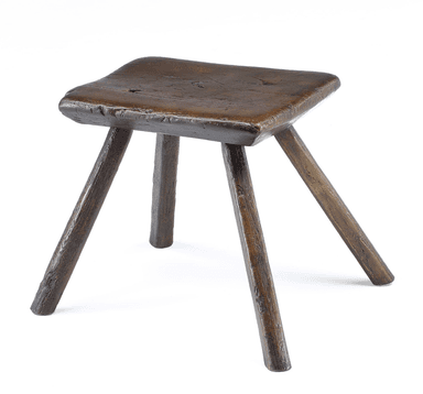 A rustic wooden stool with a square seat and three legs. The seat is flat with rounded edges and shows signs of wear, including some visible imperfections and grain texture. The legs are cylindrical and tapering slightly towards the bottom, appearing to be hand-shaped. The overall aesthetic suggests a primitive or country style. — 3D model