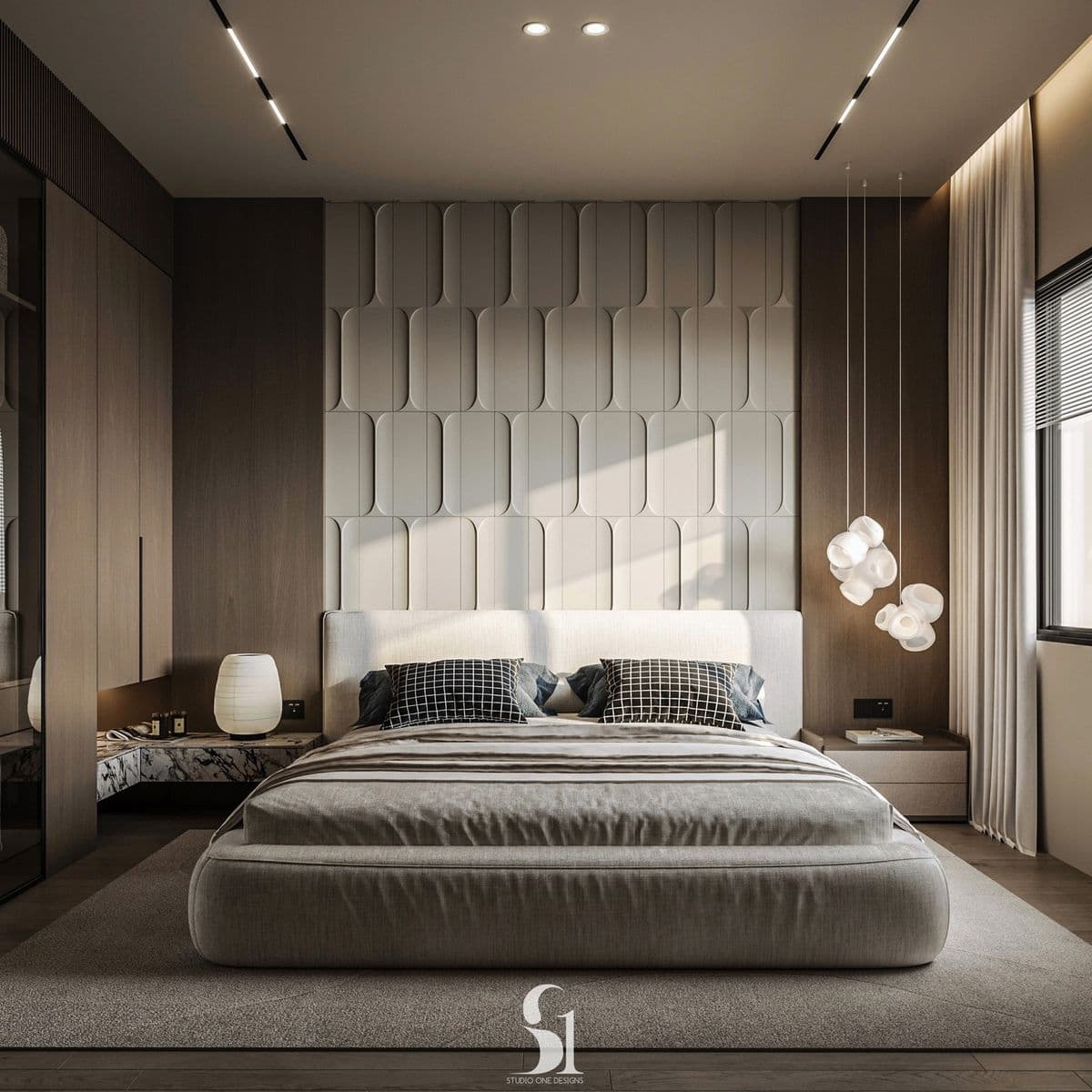 A modern upholstered platform bed with a minimalist design, featuring a padded headboard and a low-profile frame covered in light gray fabric. — 3D model