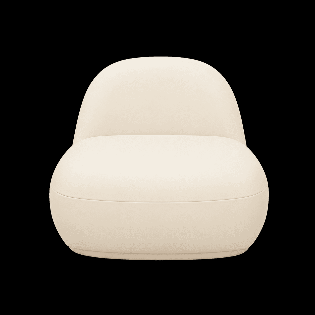 A cream-colored, low-profile armchair with a rounded, bulbous form. The armchair features a single-piece upholstered seat and backrest, creating a seamless, organic silhouette. The base is integrated into the overall rounded design, lacking distinct legs. The overall aesthetic is modern and sculptural. — 3D model