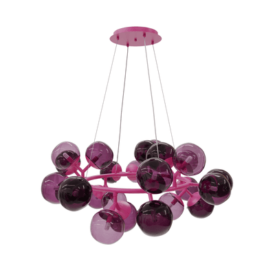 A vibrant modern chandelier featuring a circular pink metal frame from which multiple spherical glass shades are suspended. The shades vary in shades of purple, ranging from lighter translucent lilac to darker, more opaque violet. Each sphere appears to house a small LED bulb. The entire structure is suspended by thin wires from a matching pink ceiling canopy. — 3D model
