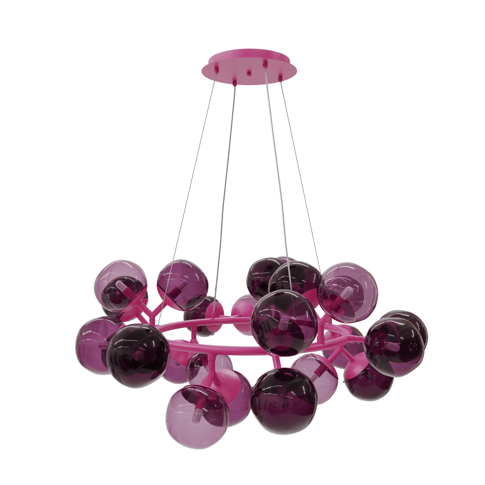 A vibrant modern chandelier featuring a circular pink metal frame from which multiple spherical glass shades are suspended. The shades vary in shades of purple, ranging from lighter translucent lilac to darker, more opaque violet. Each sphere appears to house a small LED bulb. The entire structure is suspended by thin wires from a matching pink ceiling canopy. — 3D model