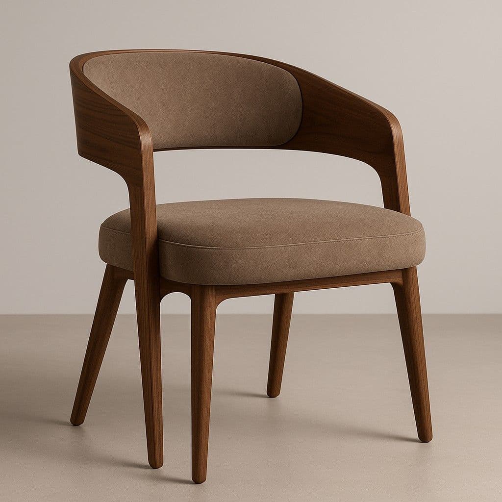 A contemporary armchair featuring a dark wood frame with a curved backrest that seamlessly integrates the armrests. The seat and inner backrest are upholstered in a light brown fabric. The chair stands on four tapered wooden legs. — 3D model