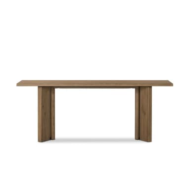 A minimalist side table constructed from solid wood, featuring a rectangular top and a base composed of thick vertical planks. The wood displays a natural grain and a medium brown finish, suggesting a rustic yet contemporary aesthetic. The base has a split, slatted design, offering a unique architectural element. — 3D model