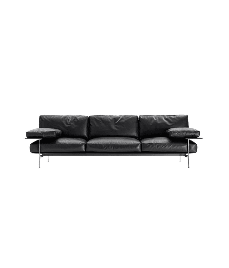 A three-seater sofa upholstered in black leather. The sofa features a sleek, modern design with thin metal legs and armrests that extend outward as flat platforms. The seat and back cushions are plush and appear to be filled with a soft material. Integrated side tables on the armrests are a notable design element. — 3D model