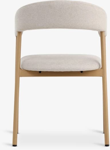 An upholstered dining chair featuring a light natural wood frame and a light beige, textured fabric. The backrest is gently curved, extending to form integrated armrests. The seat and back are fully upholstered, providing a soft seating experience. — 3D model