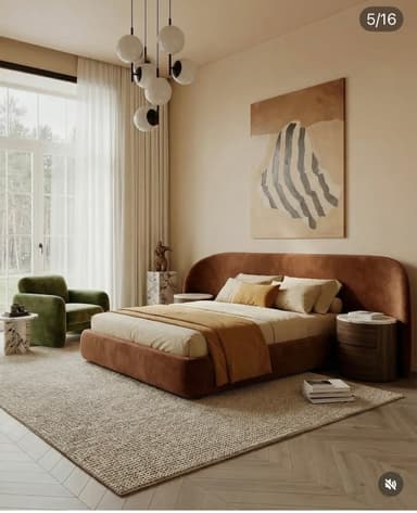 A contemporary upholstered platform bed with a distinctive curved headboard and footboard, rendered in a warm brown fabric, likely velvet or suede. The design is sleek, minimalist, and features softly rounded edges throughout the frame. — 3D model