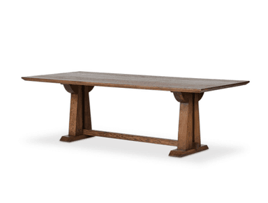 A long, rectangular wooden table with a sturdy, thick top and two trestle-style bases connected by a central stretcher. The wood has a visible grain and a dark, rich brown finish, suggesting a rustic or farmhouse aesthetic. The bases feature broad, vertical supports and wide, horizontal feet, providing a stable foundation. — 3D model