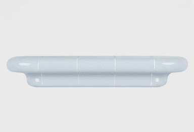 A pill-shaped, wall-mounted shelf constructed from glossy light blue ceramic or tiled elements. The design features a larger rounded top surface and a slightly smaller, similarly shaped element beneath it, both exhibiting visible grout lines. The overall aesthetic is modern and minimalist with soft, rounded edges. — 3D model