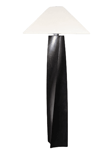 A modern floor lamp featuring a tall, slender, twisted black column base and a contrasting white, tapered square lampshade. The base has a sculptural, curvilinear form, leading up to the light source. — 3D model