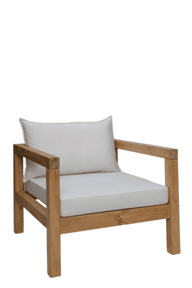 A wooden armchair with white cushions. The frame is constructed from thick, natural-toned wooden beams. It features a wide seat and backrest, both upholstered with thick white cushions. A lumbar pillow is also present on the backrest. The design appears robust and suitable for outdoor or rustic indoor settings. — 3D model