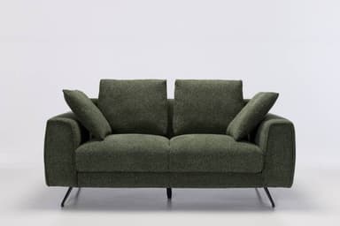 A two-seater sofa with a modern design, upholstered in a textured green fabric. It features a low profile, straight lines, and loose back cushions for comfort. The sofa is supported by slim, black metal legs. — 3D model
