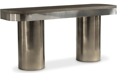 A console table featuring a rectangular top with rounded edges and two cylindrical pedestal legs. The tabletop appears to be made of wood with a dark stain, and it is supported by a polished metal frame that wraps around the edges. The legs are substantial, cylindrical structures with a brushed or satin metallic finish. — 3D model